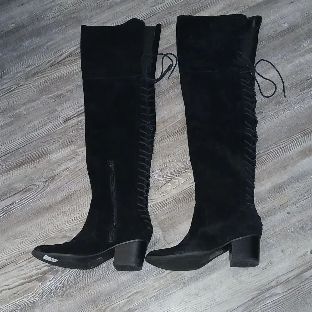 ALDO Bresa suede black over the knee lace laced back block heel boots Sz 6.5